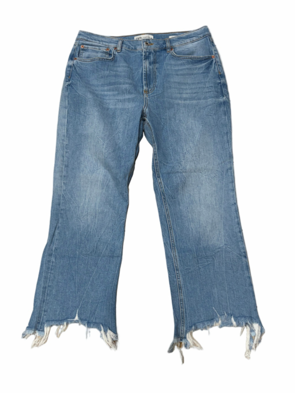 Zara The Dreed Flare Jeans US 12 Blue Denim Cropped Frayed Hem